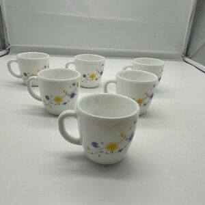 NOS New Set of 6 Cello Opalware Queen Cups Mug Blue Yellow Flowers Small Vintage